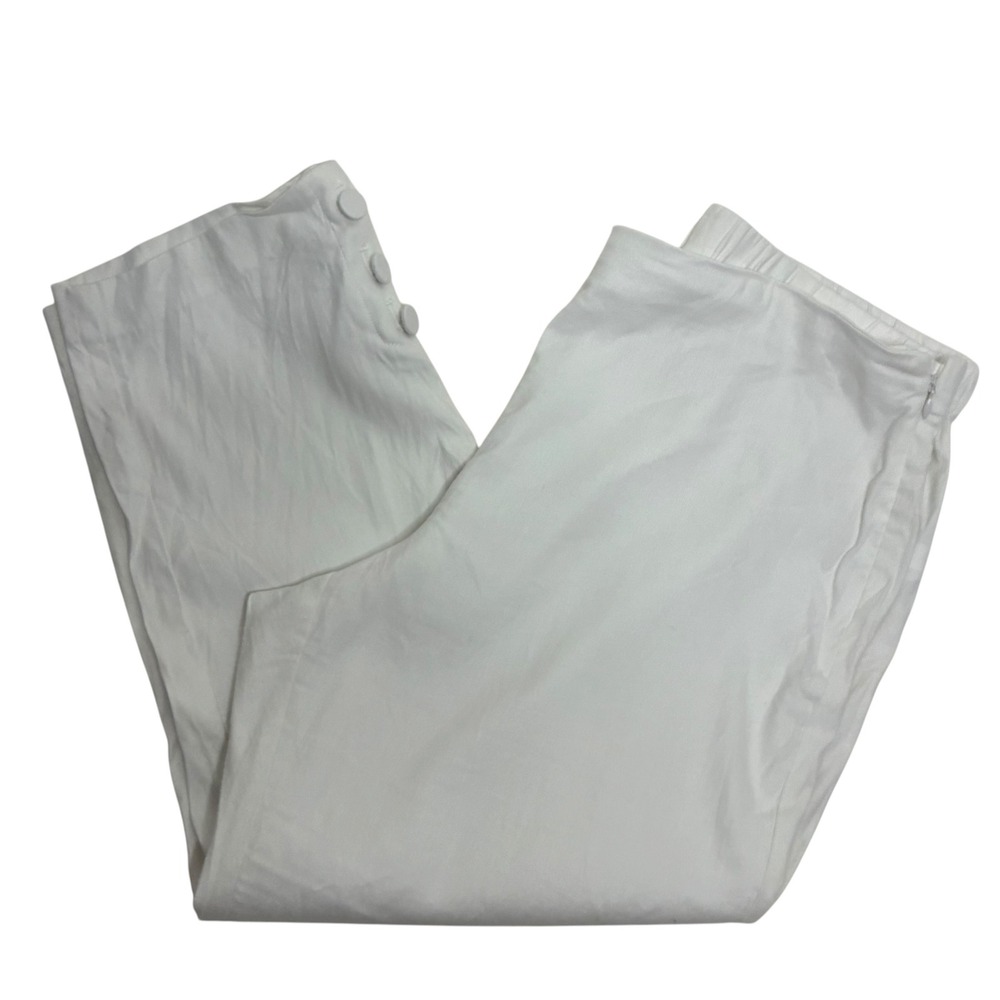 J Jill Woman Petite Large White Linen Cropped Tapered Pants Button Hem Fisherman